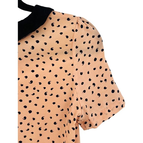 Vintage 90s Zara Lace Peter Pan Collar Peach Black Print Button Down Back Blouse - Picture 6 of 14